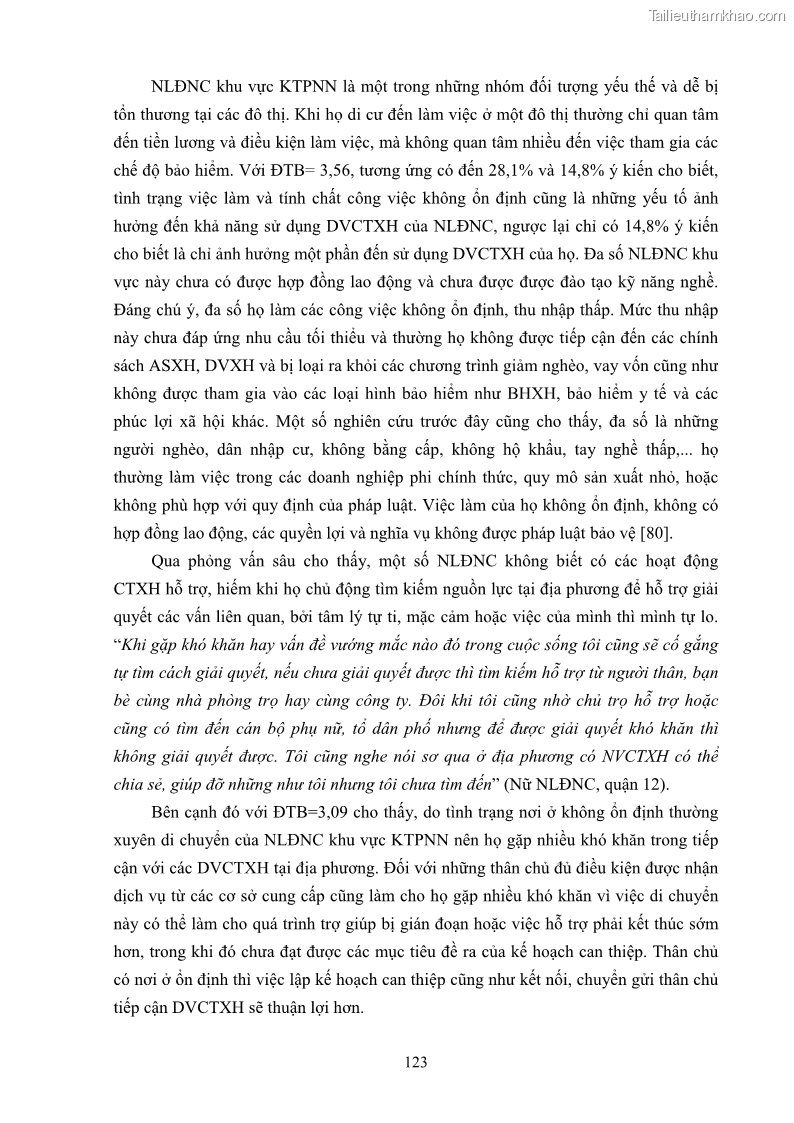 Luận án tiến sĩ công tác xã hội Dịch vụ công tác xã hội đối với người lao động nhập cư khu vực kinh tế phi nhà nước từ thực tiễn Thành phố Hồ Chí Minh - 12 Trang 133