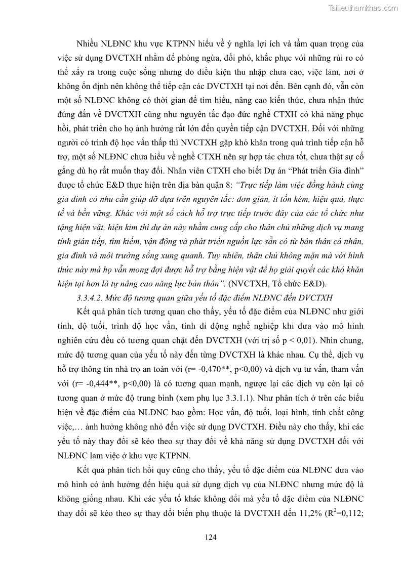 Luận án tiến sĩ công tác xã hội Dịch vụ công tác xã hội đối với người lao động nhập cư khu vực kinh tế phi nhà nước từ thực tiễn Thành phố Hồ Chí Minh - 12 Trang 134