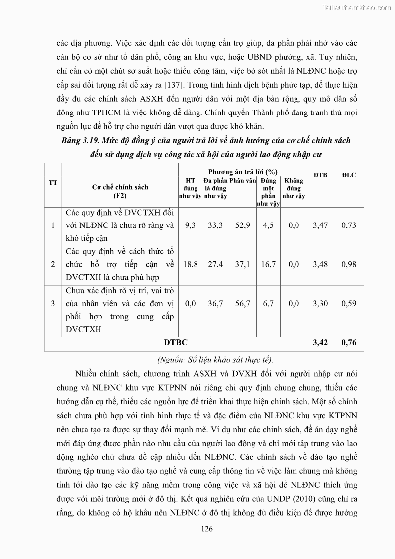 Luận án tiến sĩ công tác xã hội Dịch vụ công tác xã hội đối với người lao động nhập cư khu vực kinh tế phi nhà nước từ thực tiễn Thành phố Hồ Chí Minh - 12 Trang 136