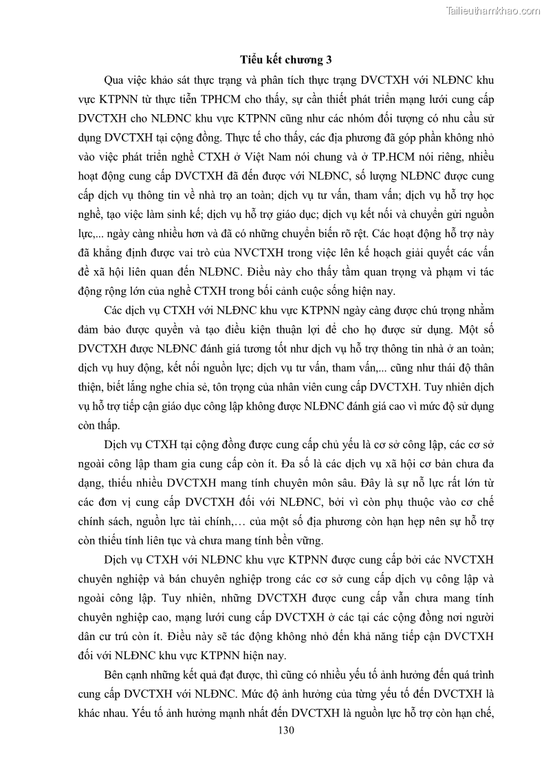 Luận án tiến sĩ công tác xã hội Dịch vụ công tác xã hội đối với người lao động nhập cư khu vực kinh tế phi nhà nước từ thực tiễn Thành phố Hồ Chí Minh - 12 Trang 140