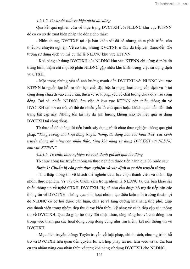 Luận án tiến sĩ công tác xã hội Dịch vụ công tác xã hội đối với người lao động nhập cư khu vực kinh tế phi nhà nước từ thực tiễn Thành phố Hồ Chí Minh - 13 Trang 154