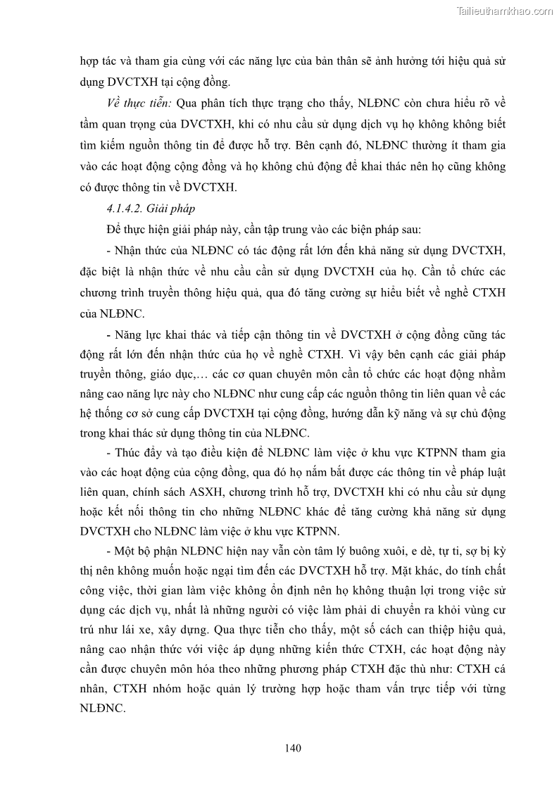 Luận án tiến sĩ công tác xã hội Dịch vụ công tác xã hội đối với người lao động nhập cư khu vực kinh tế phi nhà nước từ thực tiễn Thành phố Hồ Chí Minh - 13 Trang 150