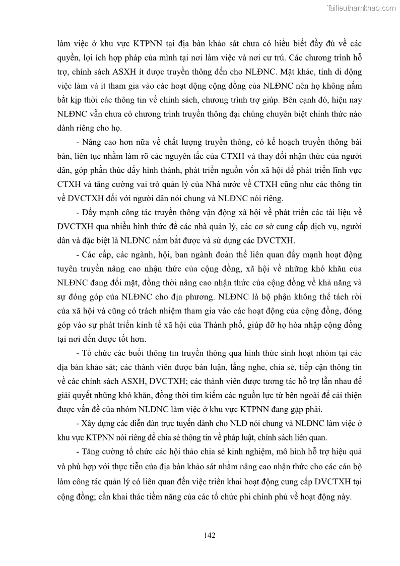 Luận án tiến sĩ công tác xã hội Dịch vụ công tác xã hội đối với người lao động nhập cư khu vực kinh tế phi nhà nước từ thực tiễn Thành phố Hồ Chí Minh - 13 Trang 152