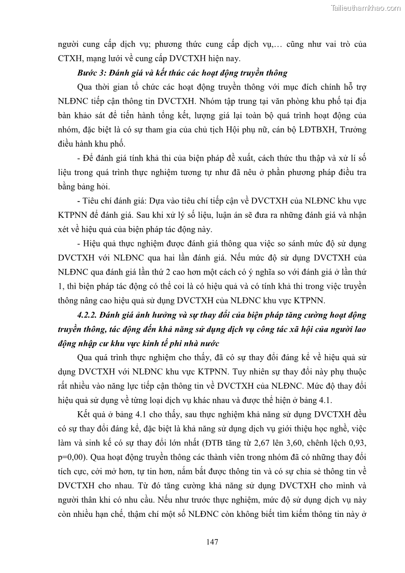 Luận án tiến sĩ công tác xã hội Dịch vụ công tác xã hội đối với người lao động nhập cư khu vực kinh tế phi nhà nước từ thực tiễn Thành phố Hồ Chí Minh - 14 Trang 157