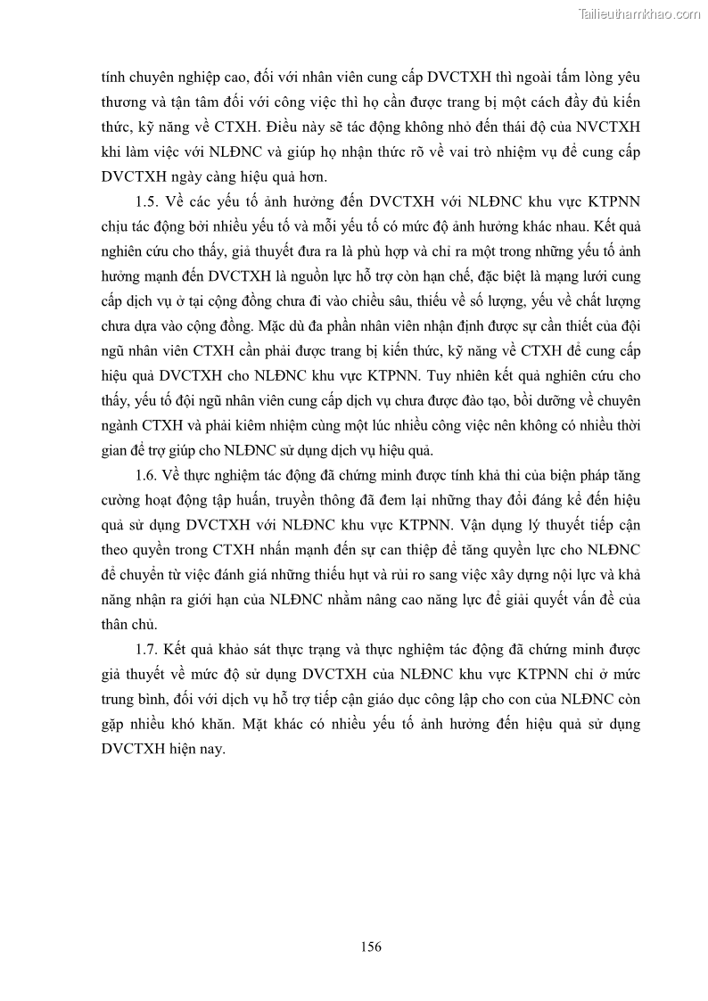 Luận án tiến sĩ công tác xã hội Dịch vụ công tác xã hội đối với người lao động nhập cư khu vực kinh tế phi nhà nước từ thực tiễn Thành phố Hồ Chí Minh - 14 Trang 166