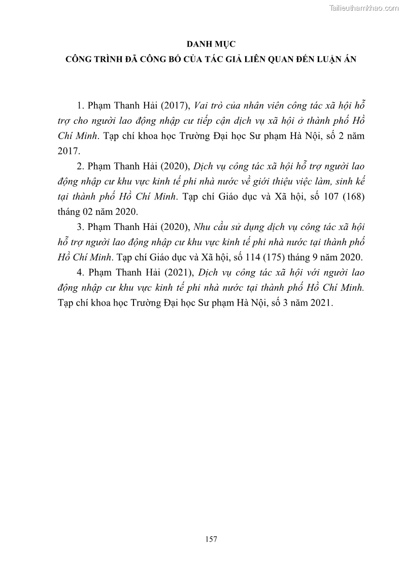 Luận án tiến sĩ công tác xã hội Dịch vụ công tác xã hội đối với người lao động nhập cư khu vực kinh tế phi nhà nước từ thực tiễn Thành phố Hồ Chí Minh - 14 Trang 167