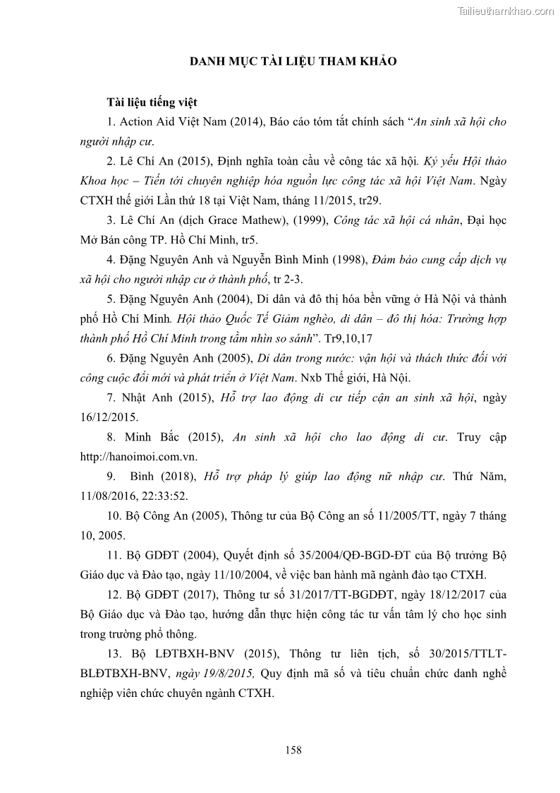 Luận án tiến sĩ công tác xã hội Dịch vụ công tác xã hội đối với người lao động nhập cư khu vực kinh tế phi nhà nước từ thực tiễn Thành phố Hồ Chí Minh - 14 Trang 168