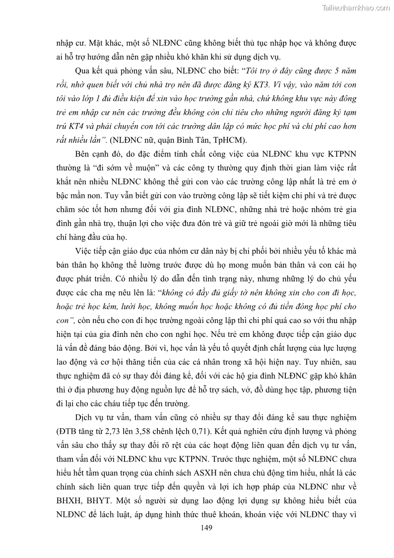 Luận án tiến sĩ công tác xã hội Dịch vụ công tác xã hội đối với người lao động nhập cư khu vực kinh tế phi nhà nước từ thực tiễn Thành phố Hồ Chí Minh - 14 Trang 159