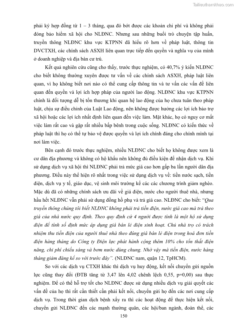 Luận án tiến sĩ công tác xã hội Dịch vụ công tác xã hội đối với người lao động nhập cư khu vực kinh tế phi nhà nước từ thực tiễn Thành phố Hồ Chí Minh - 14 Trang 160