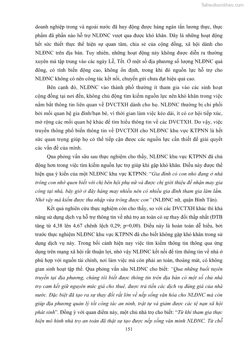 Luận án tiến sĩ công tác xã hội Dịch vụ công tác xã hội đối với người lao động nhập cư khu vực kinh tế phi nhà nước từ thực tiễn Thành phố Hồ Chí Minh - 14 Trang 161