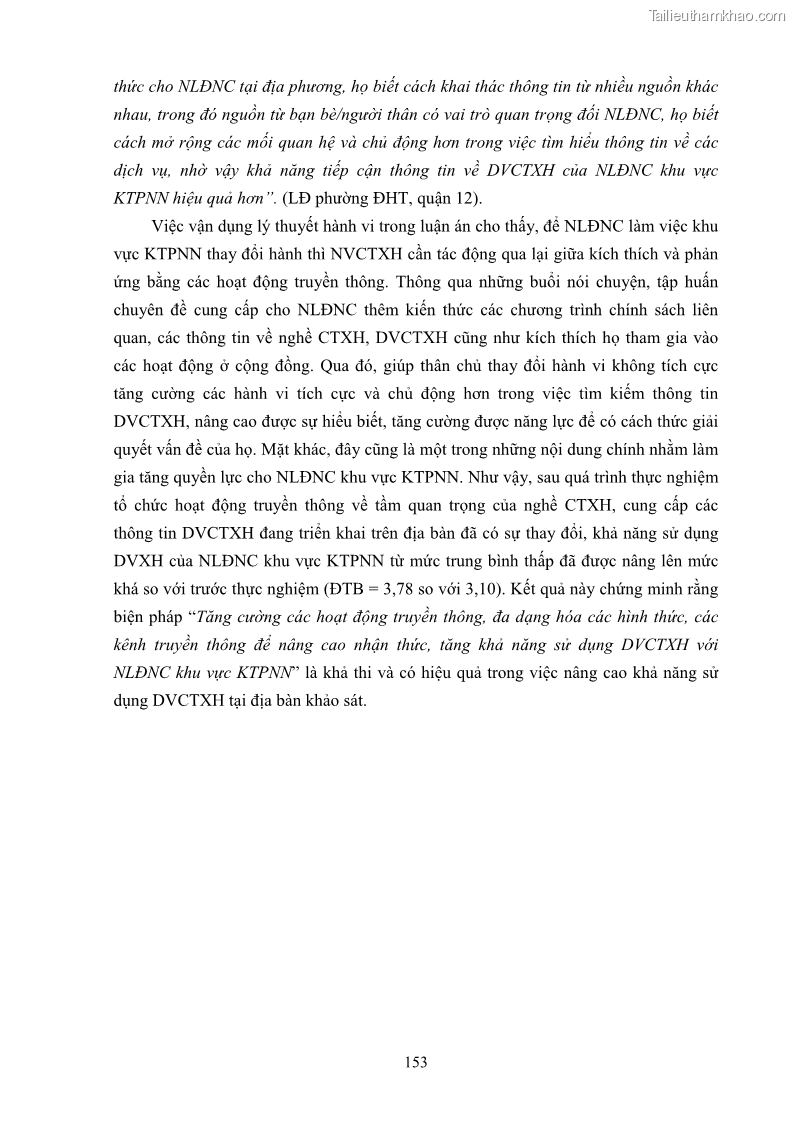 Luận án tiến sĩ công tác xã hội Dịch vụ công tác xã hội đối với người lao động nhập cư khu vực kinh tế phi nhà nước từ thực tiễn Thành phố Hồ Chí Minh - 14 Trang 163