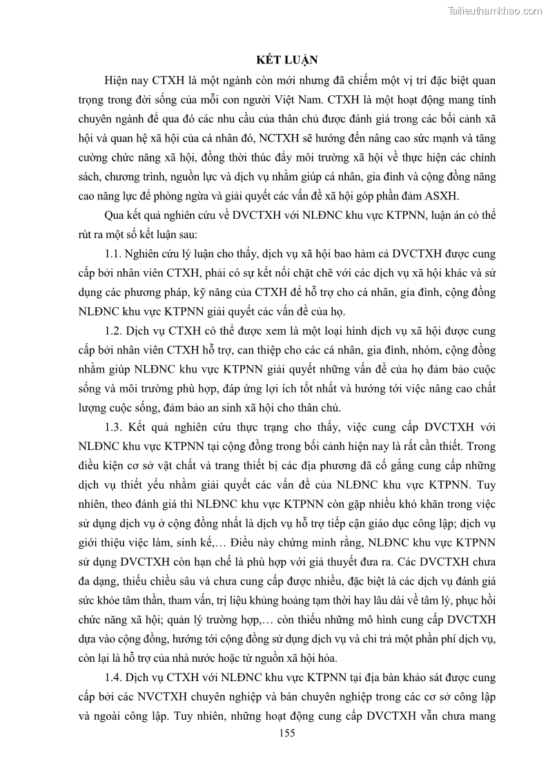 Luận án tiến sĩ công tác xã hội Dịch vụ công tác xã hội đối với người lao động nhập cư khu vực kinh tế phi nhà nước từ thực tiễn Thành phố Hồ Chí Minh - 14 Trang 165