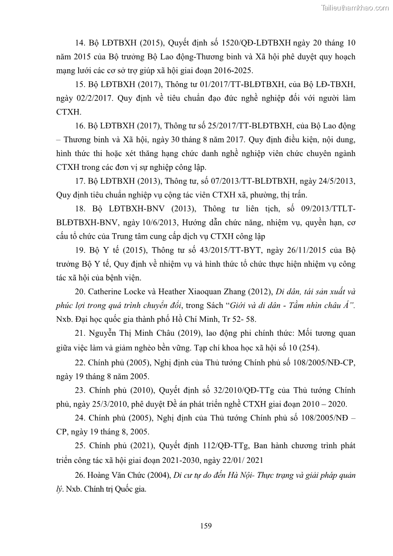 Luận án tiến sĩ công tác xã hội Dịch vụ công tác xã hội đối với người lao động nhập cư khu vực kinh tế phi nhà nước từ thực tiễn Thành phố Hồ Chí Minh - 15 Trang 169