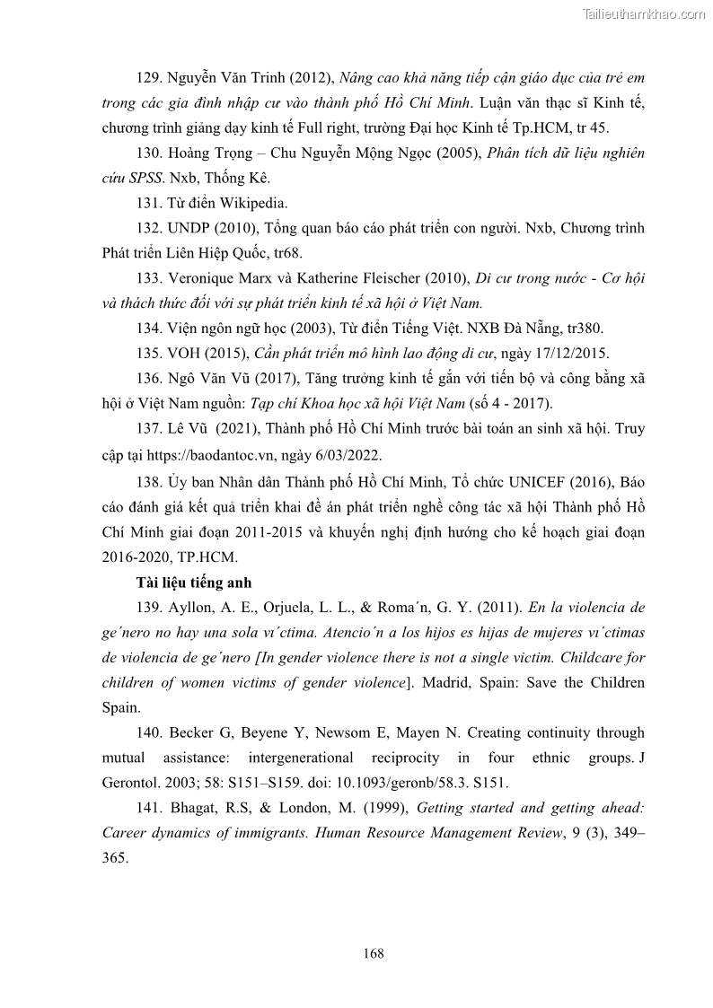 Luận án tiến sĩ công tác xã hội Dịch vụ công tác xã hội đối với người lao động nhập cư khu vực kinh tế phi nhà nước từ thực tiễn Thành phố Hồ Chí Minh - 15 Trang 178