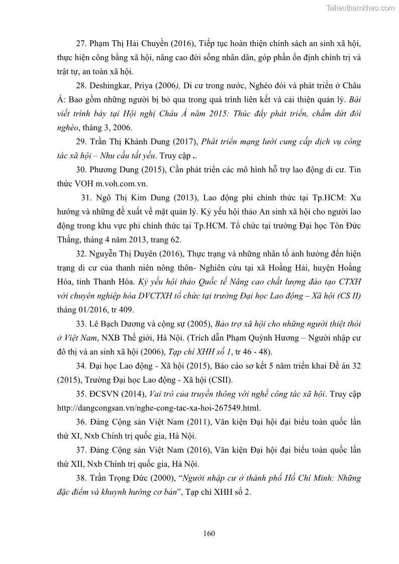 Luận án tiến sĩ công tác xã hội Dịch vụ công tác xã hội đối với người lao động nhập cư khu vực kinh tế phi nhà nước từ thực tiễn Thành phố Hồ Chí Minh - 15 Trang 170