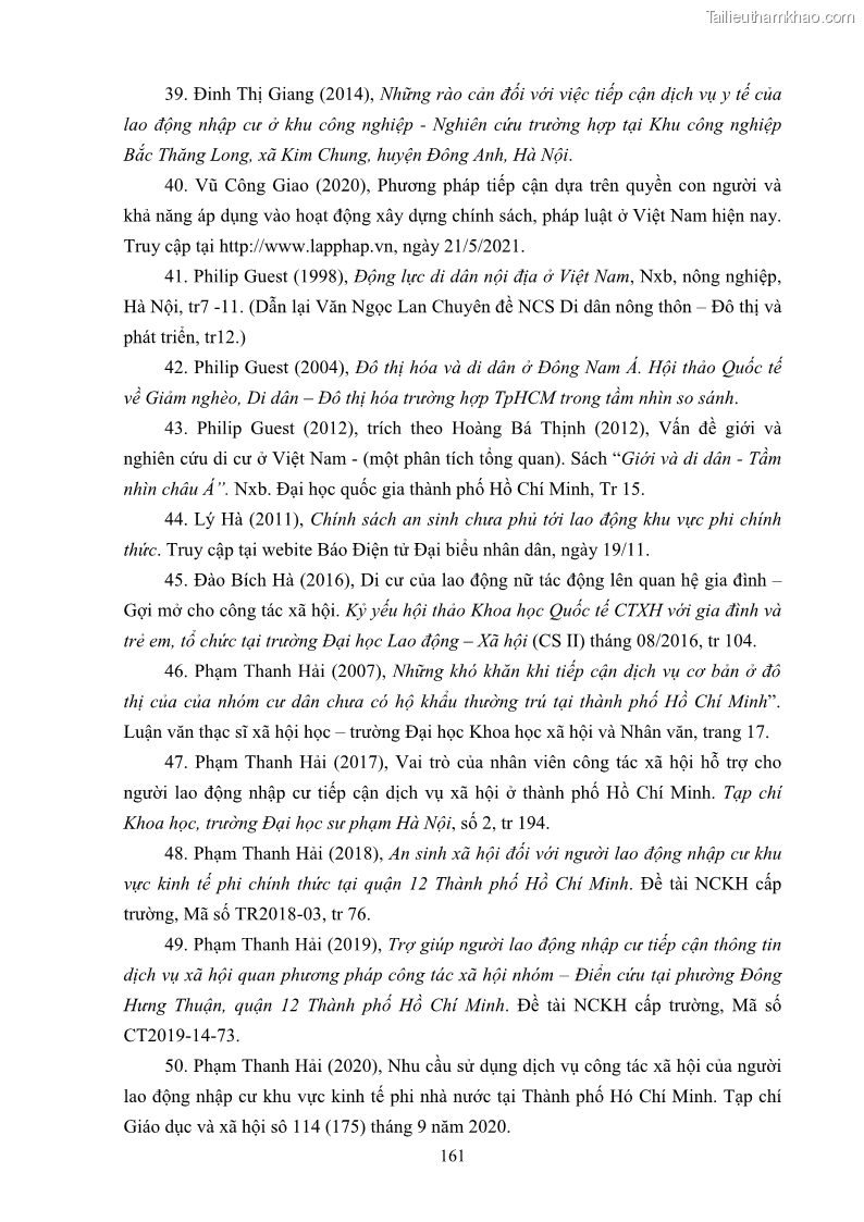 Luận án tiến sĩ công tác xã hội Dịch vụ công tác xã hội đối với người lao động nhập cư khu vực kinh tế phi nhà nước từ thực tiễn Thành phố Hồ Chí Minh - 15 Trang 171