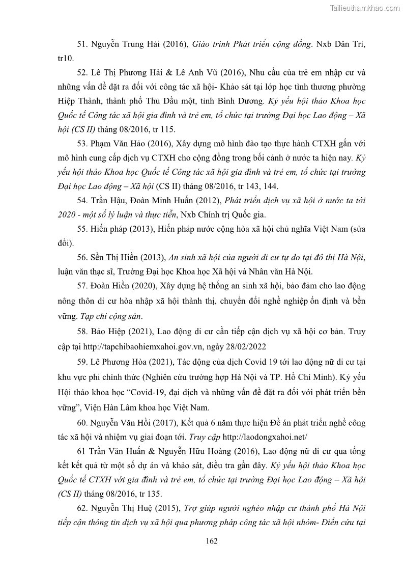 Luận án tiến sĩ công tác xã hội Dịch vụ công tác xã hội đối với người lao động nhập cư khu vực kinh tế phi nhà nước từ thực tiễn Thành phố Hồ Chí Minh - 15 Trang 172