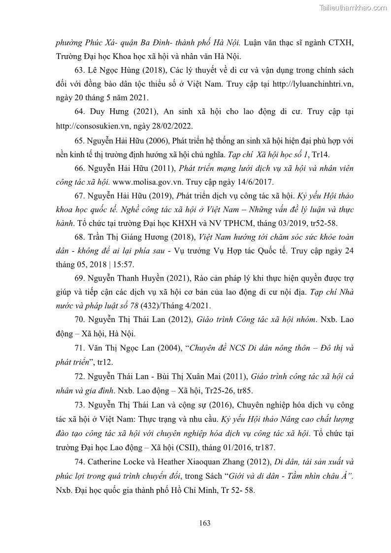Luận án tiến sĩ công tác xã hội Dịch vụ công tác xã hội đối với người lao động nhập cư khu vực kinh tế phi nhà nước từ thực tiễn Thành phố Hồ Chí Minh - 15 Trang 173