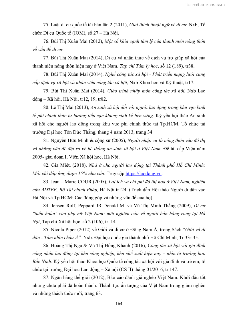 Luận án tiến sĩ công tác xã hội Dịch vụ công tác xã hội đối với người lao động nhập cư khu vực kinh tế phi nhà nước từ thực tiễn Thành phố Hồ Chí Minh - 15 Trang 174