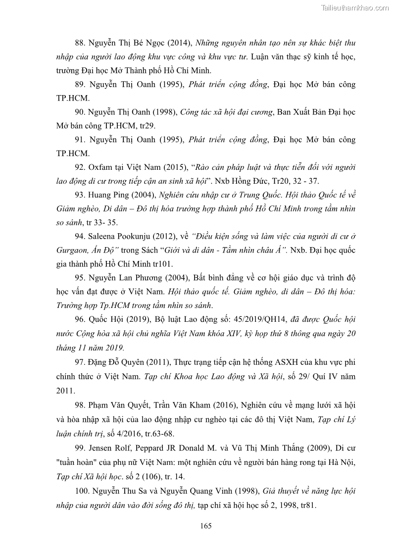 Luận án tiến sĩ công tác xã hội Dịch vụ công tác xã hội đối với người lao động nhập cư khu vực kinh tế phi nhà nước từ thực tiễn Thành phố Hồ Chí Minh - 15 Trang 175