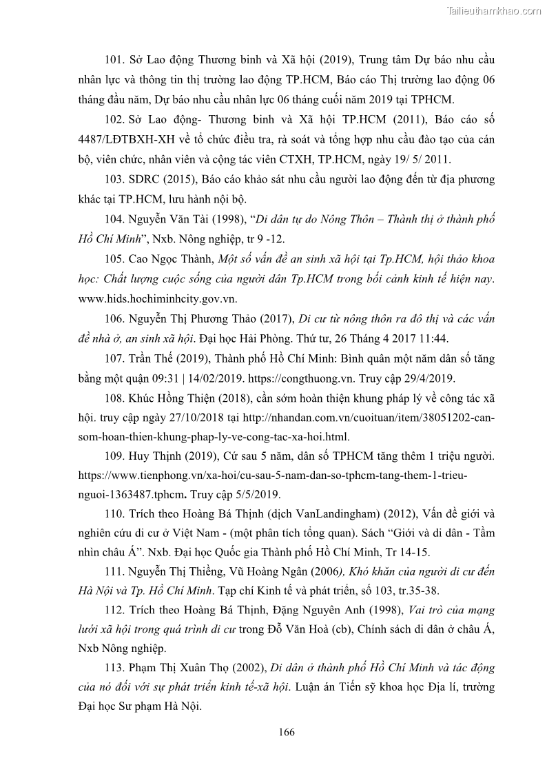 Luận án tiến sĩ công tác xã hội Dịch vụ công tác xã hội đối với người lao động nhập cư khu vực kinh tế phi nhà nước từ thực tiễn Thành phố Hồ Chí Minh - 15 Trang 176