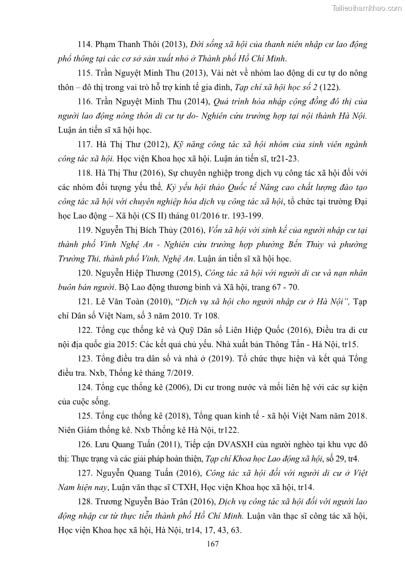 Luận án tiến sĩ công tác xã hội Dịch vụ công tác xã hội đối với người lao động nhập cư khu vực kinh tế phi nhà nước từ thực tiễn Thành phố Hồ Chí Minh - 15 Trang 177