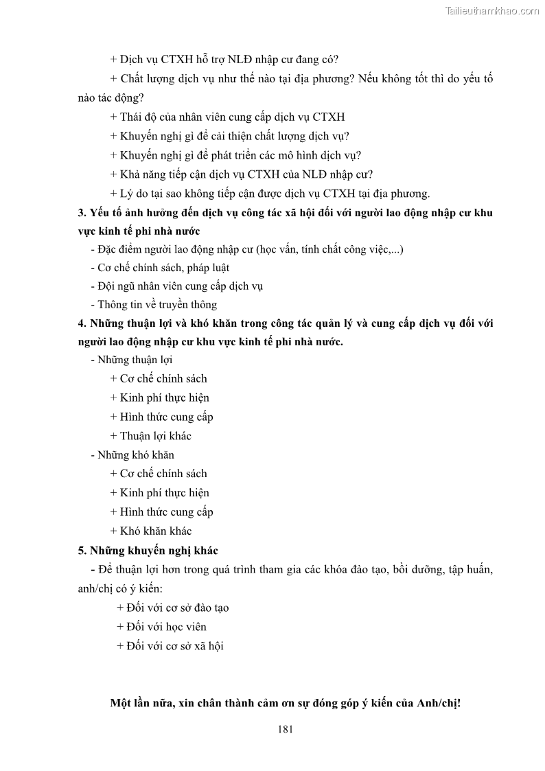 Luận án tiến sĩ công tác xã hội Dịch vụ công tác xã hội đối với người lao động nhập cư khu vực kinh tế phi nhà nước từ thực tiễn Thành phố Hồ Chí Minh - 16 Trang 191