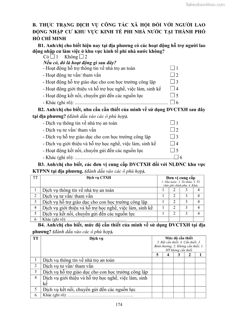 Luận án tiến sĩ công tác xã hội Dịch vụ công tác xã hội đối với người lao động nhập cư khu vực kinh tế phi nhà nước từ thực tiễn Thành phố Hồ Chí Minh - 16 Trang 184