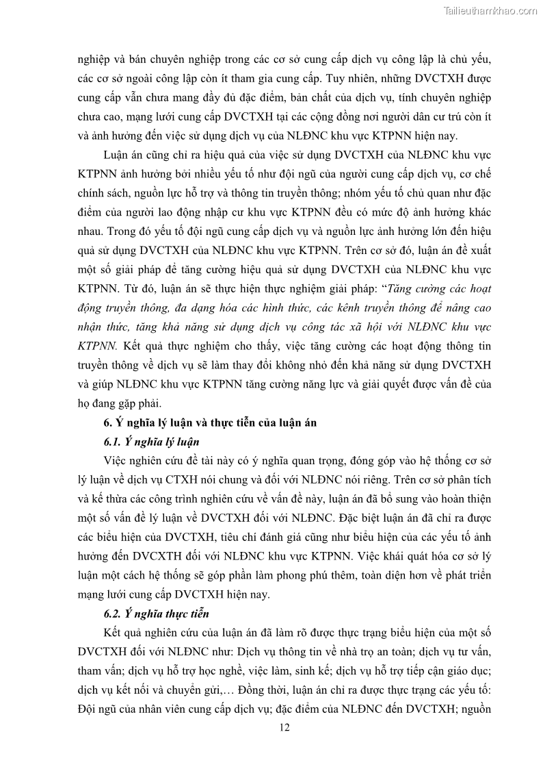 Luận án tiến sĩ công tác xã hội Dịch vụ công tác xã hội đối với người lao động nhập cư khu vực kinh tế phi nhà nước từ thực tiễn Thành phố Hồ Chí Minh - 2 Trang 22