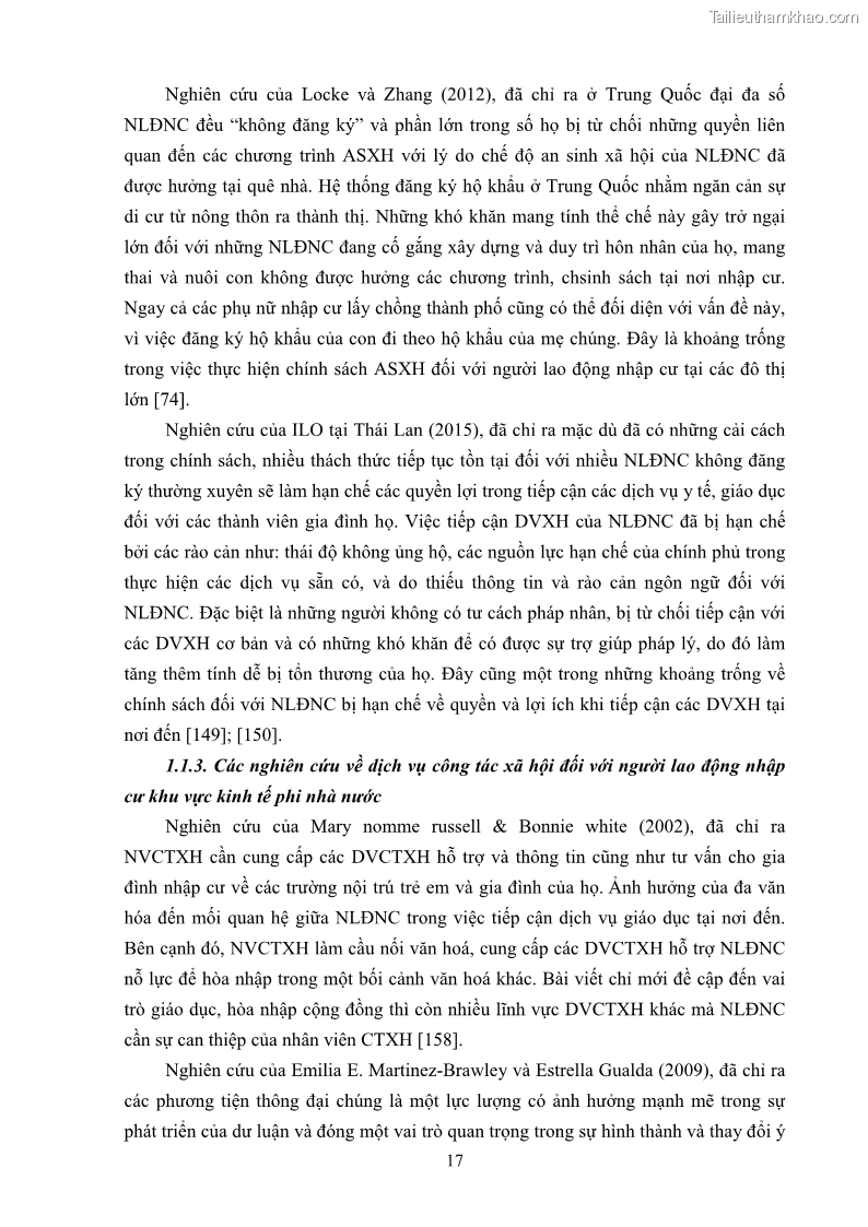 Luận án tiến sĩ công tác xã hội Dịch vụ công tác xã hội đối với người lao động nhập cư khu vực kinh tế phi nhà nước từ thực tiễn Thành phố Hồ Chí Minh - 3 Trang 27