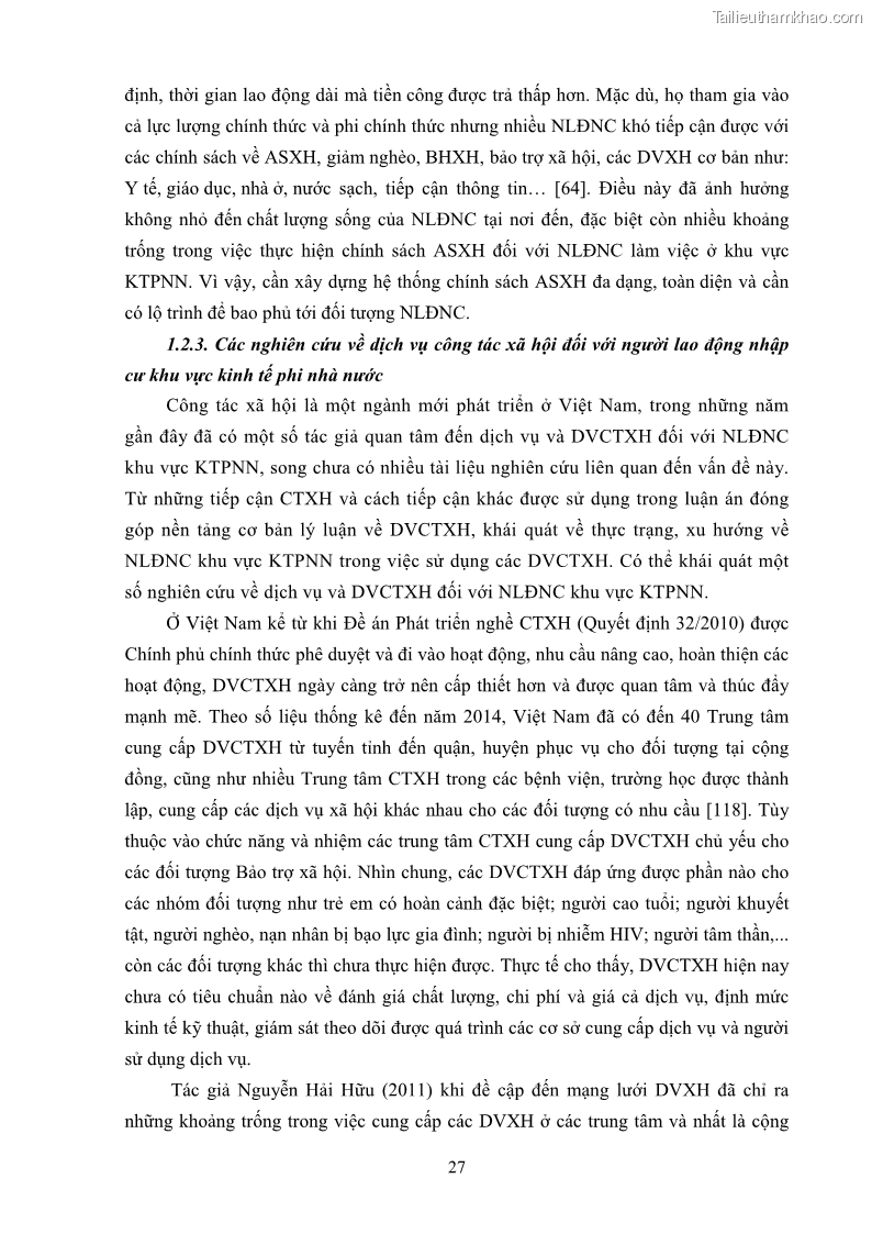 Luận án tiến sĩ công tác xã hội Dịch vụ công tác xã hội đối với người lao động nhập cư khu vực kinh tế phi nhà nước từ thực tiễn Thành phố Hồ Chí Minh - 4 Trang 37