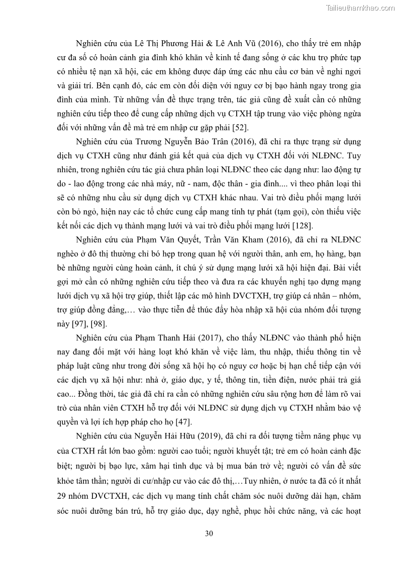Luận án tiến sĩ công tác xã hội Dịch vụ công tác xã hội đối với người lao động nhập cư khu vực kinh tế phi nhà nước từ thực tiễn Thành phố Hồ Chí Minh - 4 Trang 40