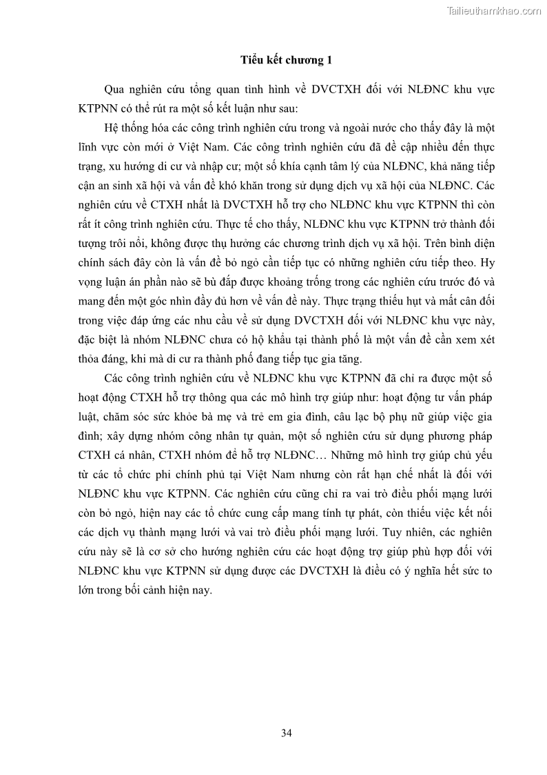 Luận án tiến sĩ công tác xã hội Dịch vụ công tác xã hội đối với người lao động nhập cư khu vực kinh tế phi nhà nước từ thực tiễn Thành phố Hồ Chí Minh - 4 Trang 44
