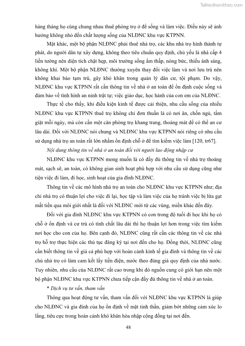 Luận án tiến sĩ công tác xã hội Dịch vụ công tác xã hội đối với người lao động nhập cư khu vực kinh tế phi nhà nước từ thực tiễn Thành phố Hồ Chí Minh - 5 Trang 58