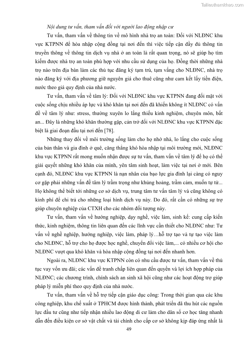 Luận án tiến sĩ công tác xã hội Dịch vụ công tác xã hội đối với người lao động nhập cư khu vực kinh tế phi nhà nước từ thực tiễn Thành phố Hồ Chí Minh - 5 Trang 59
