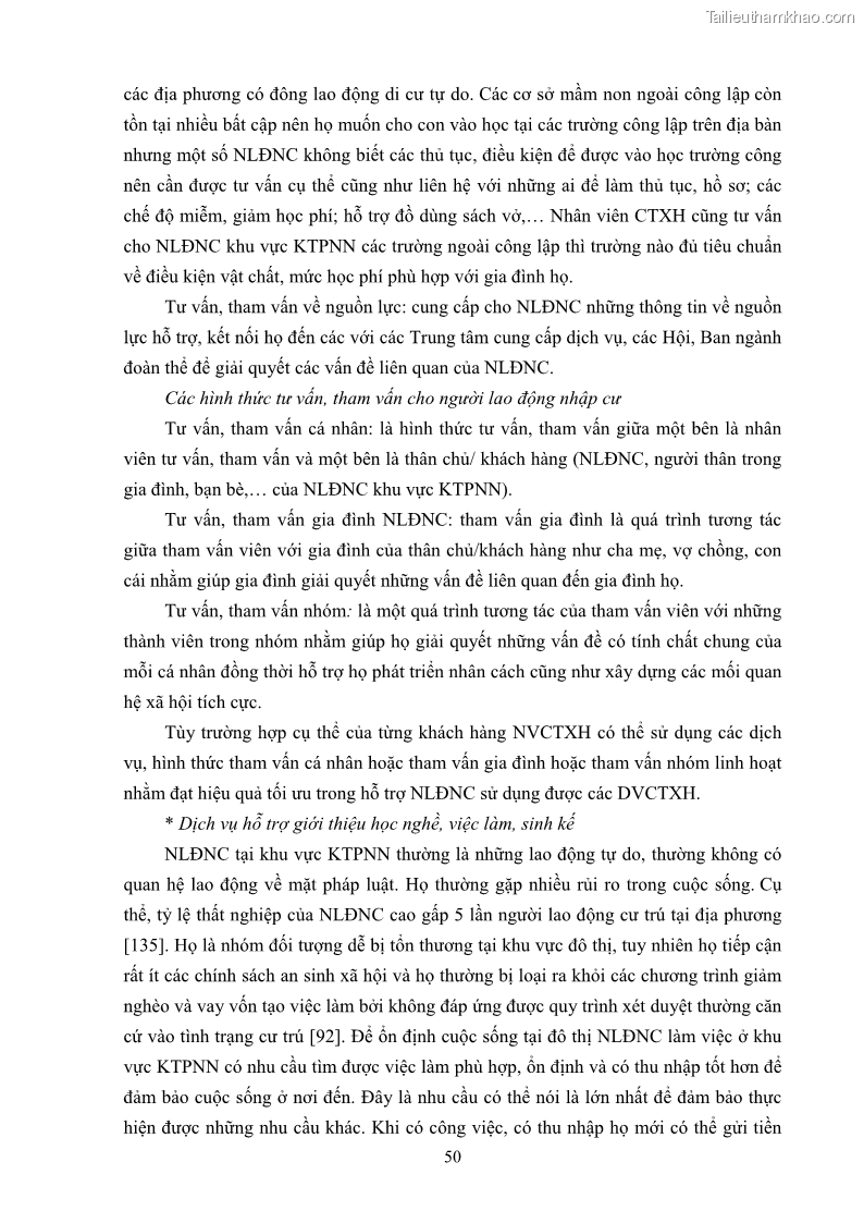 Luận án tiến sĩ công tác xã hội Dịch vụ công tác xã hội đối với người lao động nhập cư khu vực kinh tế phi nhà nước từ thực tiễn Thành phố Hồ Chí Minh - 5 Trang 60