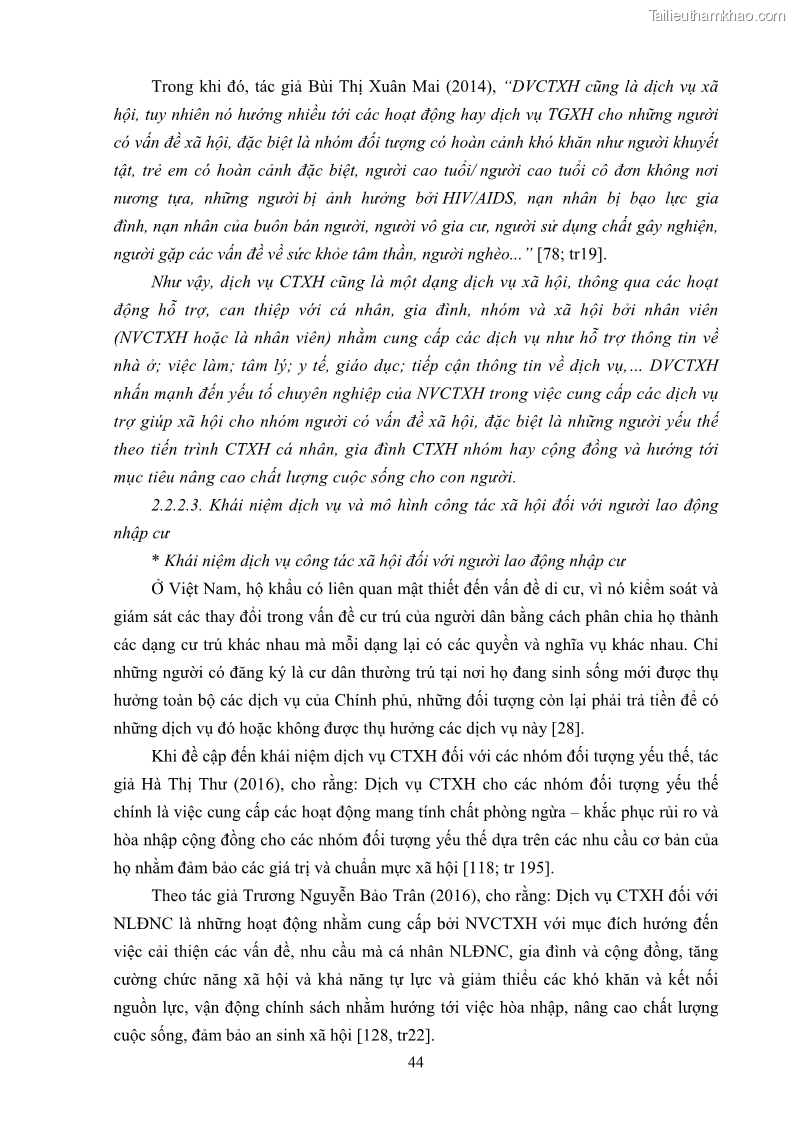 Luận án tiến sĩ công tác xã hội Dịch vụ công tác xã hội đối với người lao động nhập cư khu vực kinh tế phi nhà nước từ thực tiễn Thành phố Hồ Chí Minh - 5 Trang 54