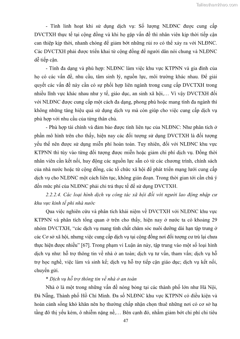 Luận án tiến sĩ công tác xã hội Dịch vụ công tác xã hội đối với người lao động nhập cư khu vực kinh tế phi nhà nước từ thực tiễn Thành phố Hồ Chí Minh - 5 Trang 57
