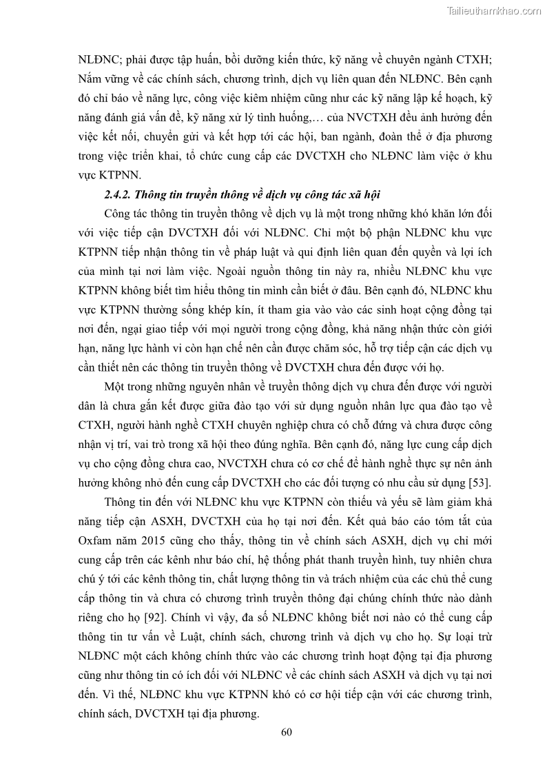 Luận án tiến sĩ công tác xã hội Dịch vụ công tác xã hội đối với người lao động nhập cư khu vực kinh tế phi nhà nước từ thực tiễn Thành phố Hồ Chí Minh - 6 Trang 70