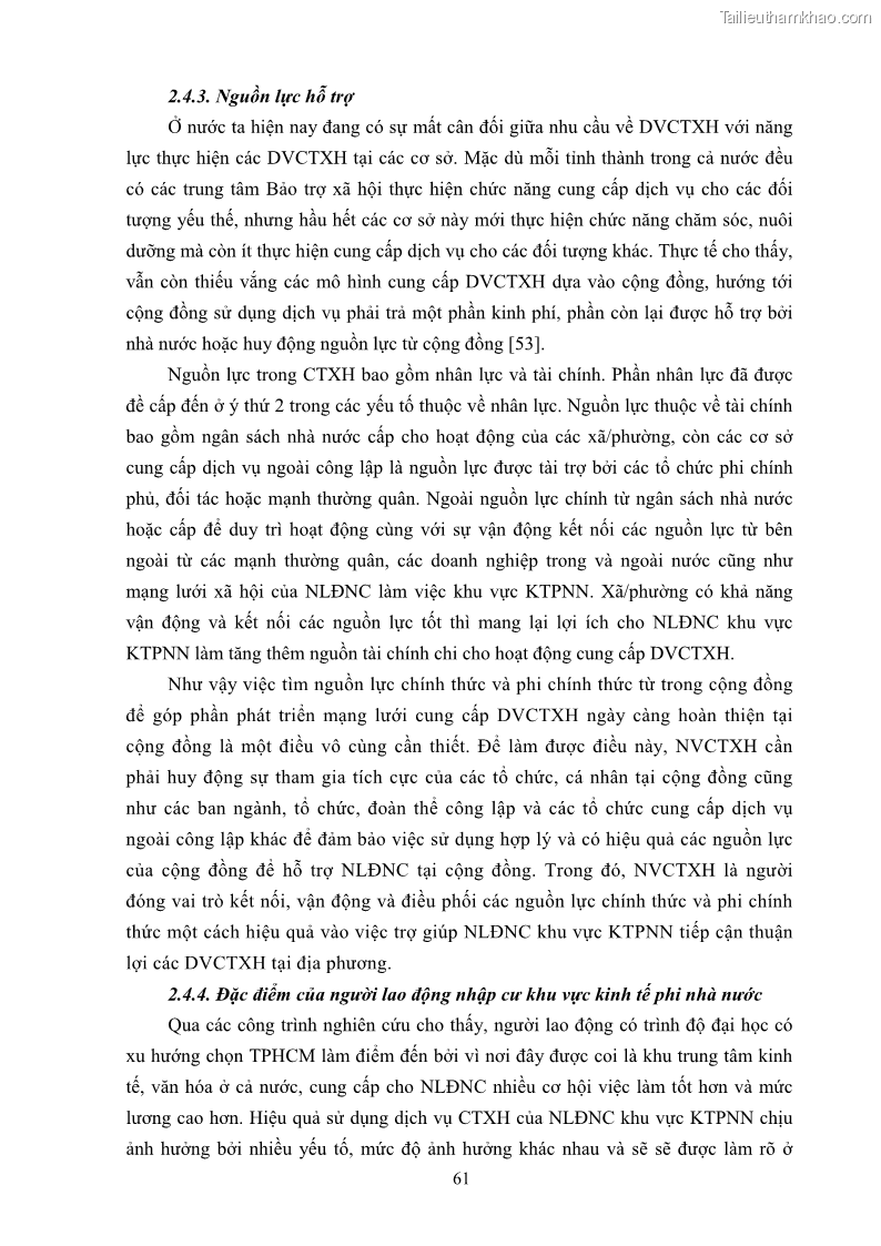 Luận án tiến sĩ công tác xã hội Dịch vụ công tác xã hội đối với người lao động nhập cư khu vực kinh tế phi nhà nước từ thực tiễn Thành phố Hồ Chí Minh - 6 Trang 71