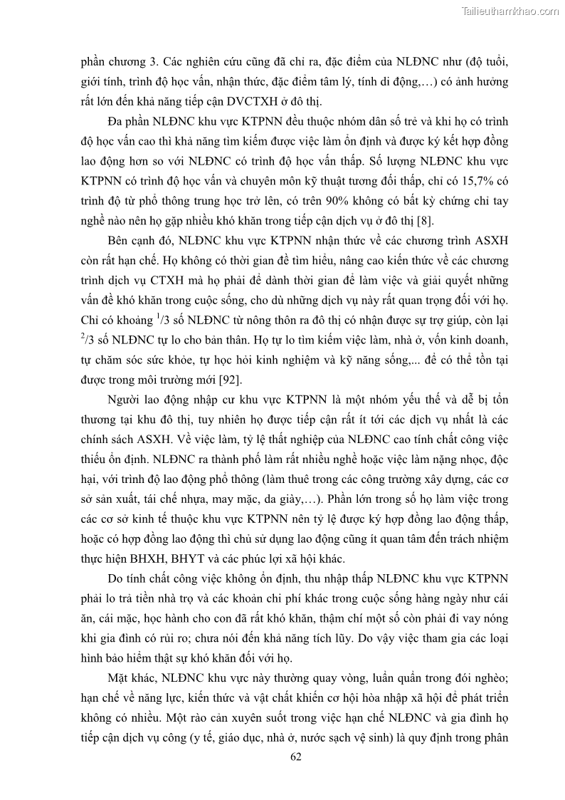 Luận án tiến sĩ công tác xã hội Dịch vụ công tác xã hội đối với người lao động nhập cư khu vực kinh tế phi nhà nước từ thực tiễn Thành phố Hồ Chí Minh - 6 Trang 72