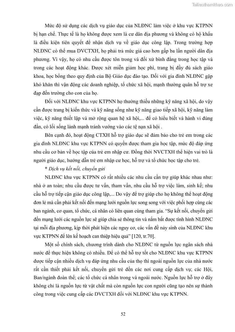 Luận án tiến sĩ công tác xã hội Dịch vụ công tác xã hội đối với người lao động nhập cư khu vực kinh tế phi nhà nước từ thực tiễn Thành phố Hồ Chí Minh - 6 Trang 62