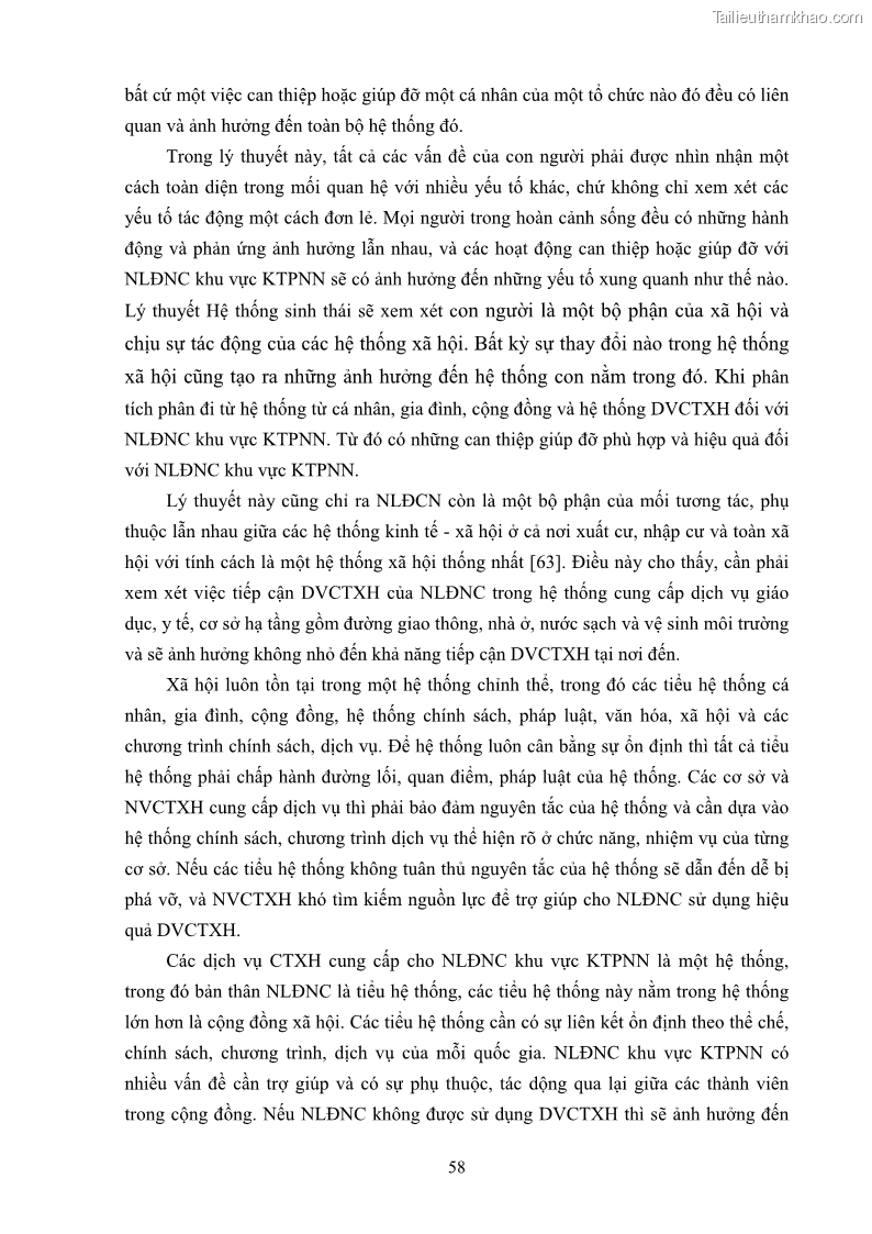 Luận án tiến sĩ công tác xã hội Dịch vụ công tác xã hội đối với người lao động nhập cư khu vực kinh tế phi nhà nước từ thực tiễn Thành phố Hồ Chí Minh - 6 Trang 68