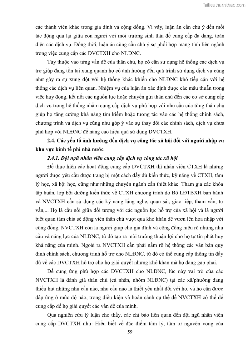 Luận án tiến sĩ công tác xã hội Dịch vụ công tác xã hội đối với người lao động nhập cư khu vực kinh tế phi nhà nước từ thực tiễn Thành phố Hồ Chí Minh - 6 Trang 69