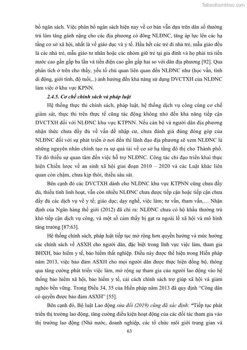 Luận án tiến sĩ công tác xã hội Dịch vụ công tác xã hội đối với người lao động nhập cư khu vực kinh tế phi nhà nước từ thực tiễn Thành phố Hồ Chí Minh - 7 Trang 73