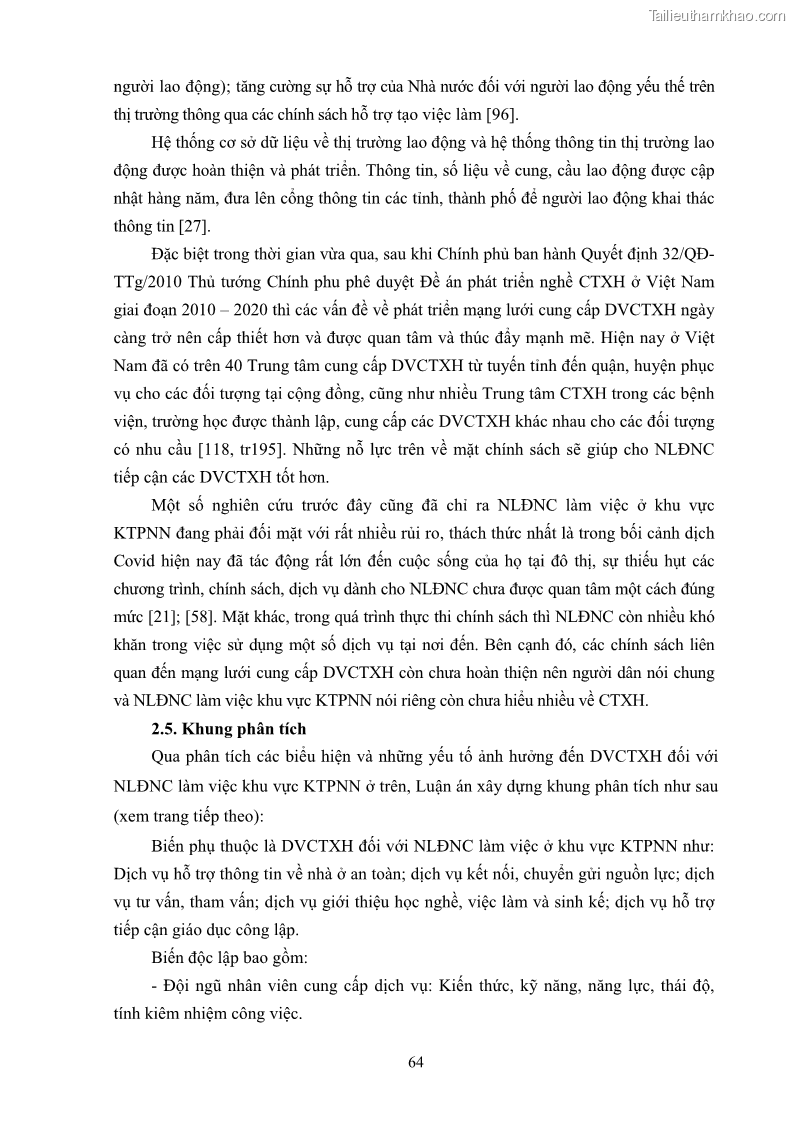Luận án tiến sĩ công tác xã hội Dịch vụ công tác xã hội đối với người lao động nhập cư khu vực kinh tế phi nhà nước từ thực tiễn Thành phố Hồ Chí Minh - 7 Trang 74