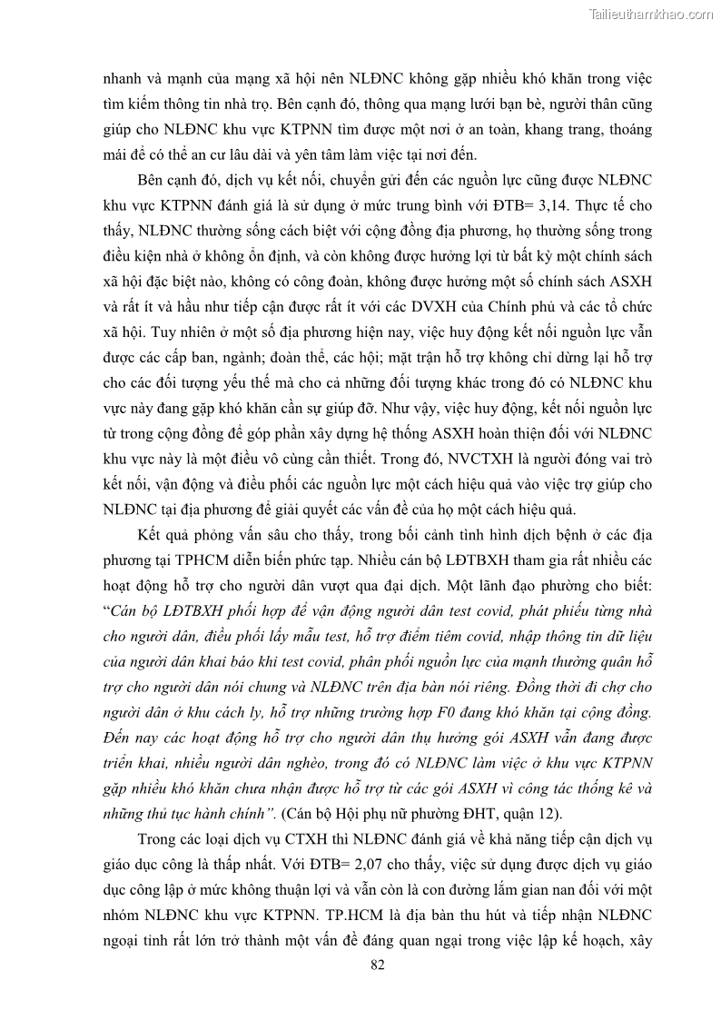 Luận án tiến sĩ công tác xã hội Dịch vụ công tác xã hội đối với người lao động nhập cư khu vực kinh tế phi nhà nước từ thực tiễn Thành phố Hồ Chí Minh - 8 Trang 92
