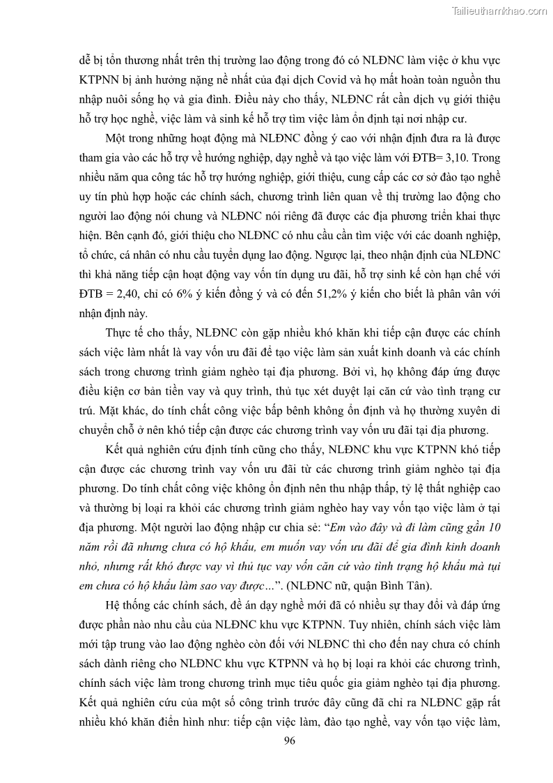 Luận án tiến sĩ công tác xã hội Dịch vụ công tác xã hội đối với người lao động nhập cư khu vực kinh tế phi nhà nước từ thực tiễn Thành phố Hồ Chí Minh - 9 Trang 106