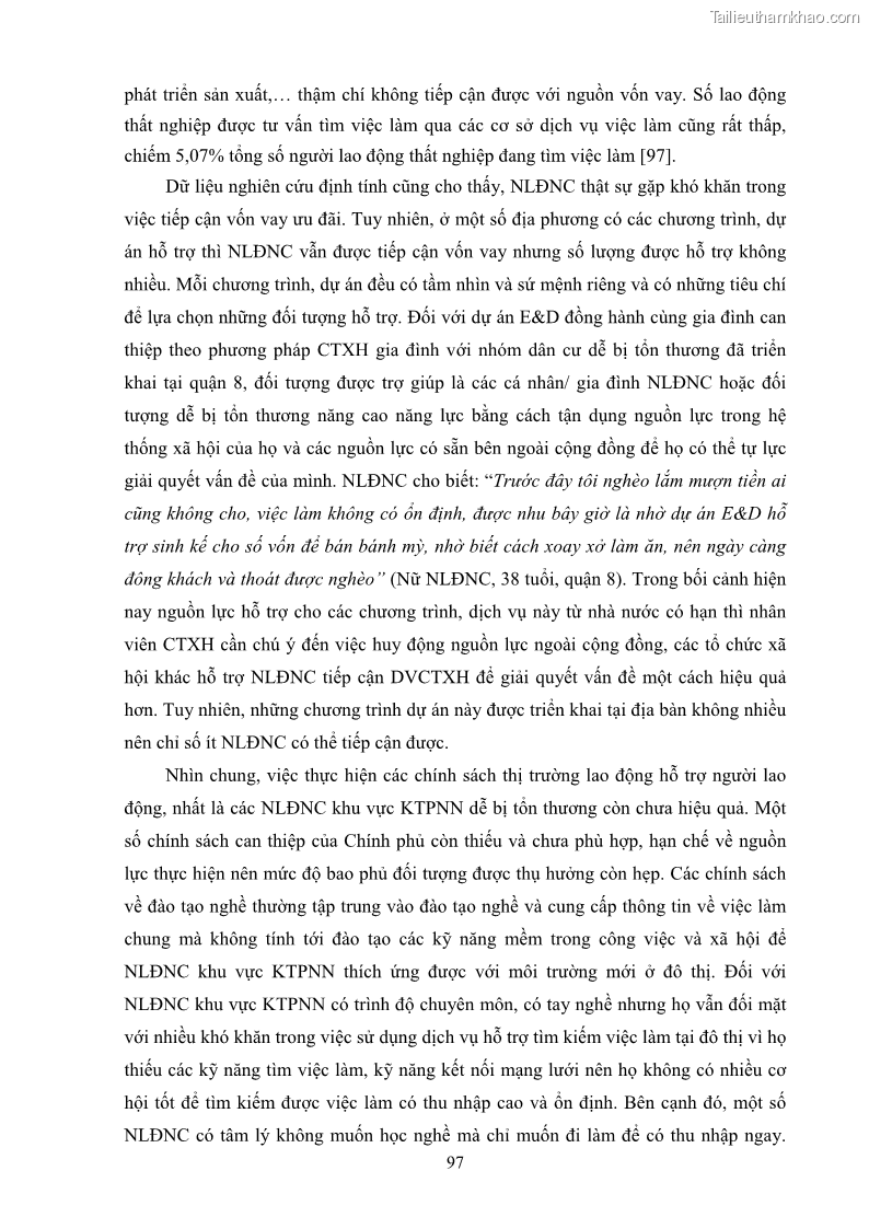 Luận án tiến sĩ công tác xã hội Dịch vụ công tác xã hội đối với người lao động nhập cư khu vực kinh tế phi nhà nước từ thực tiễn Thành phố Hồ Chí Minh - 9 Trang 107