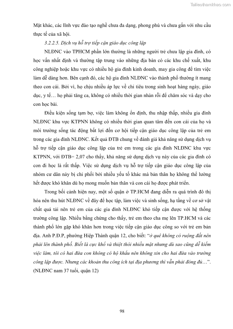 Luận án tiến sĩ công tác xã hội Dịch vụ công tác xã hội đối với người lao động nhập cư khu vực kinh tế phi nhà nước từ thực tiễn Thành phố Hồ Chí Minh - 9 Trang 108